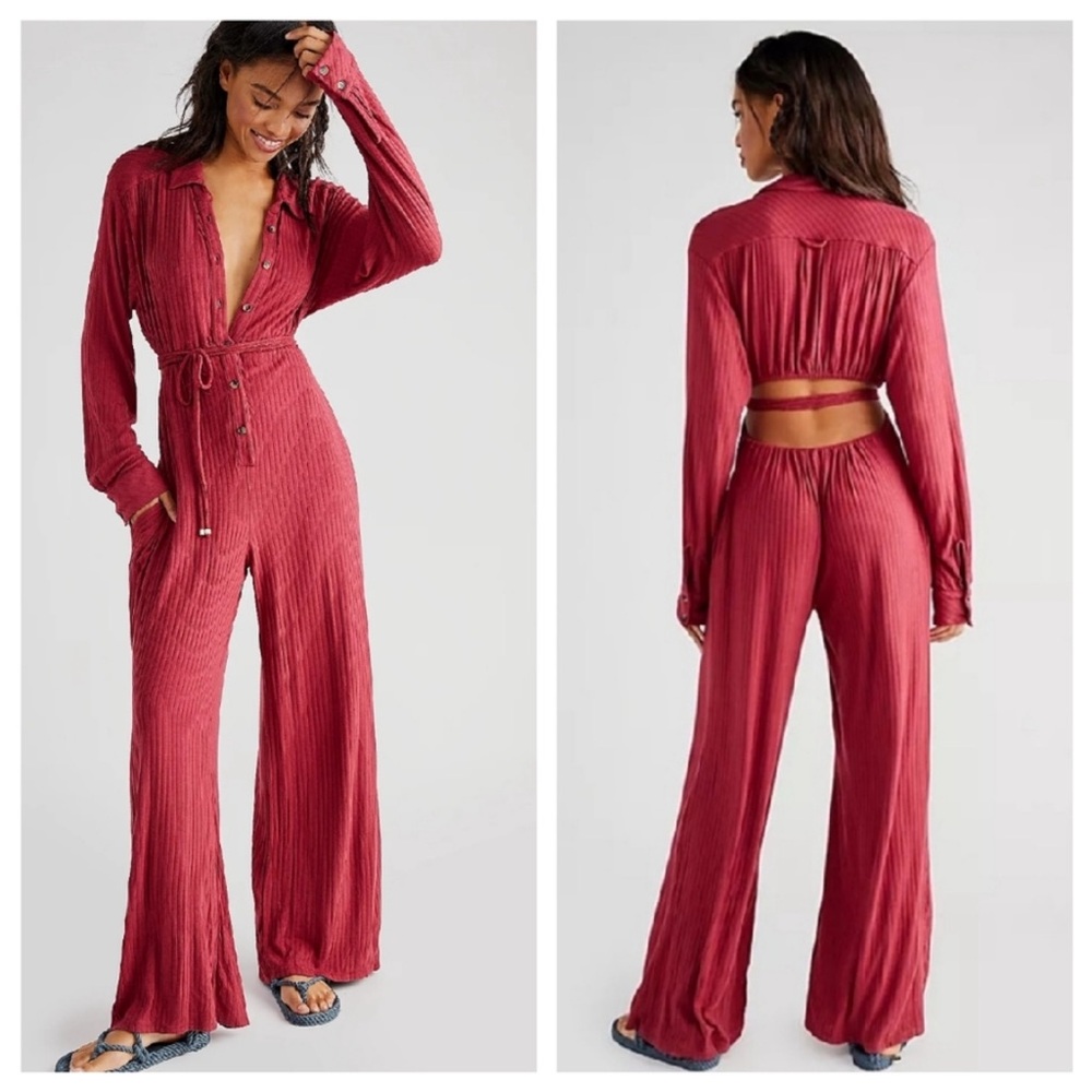Free People Ribbed Long-Sleeve Wide-Leg Jumpsuit in Deep Rose